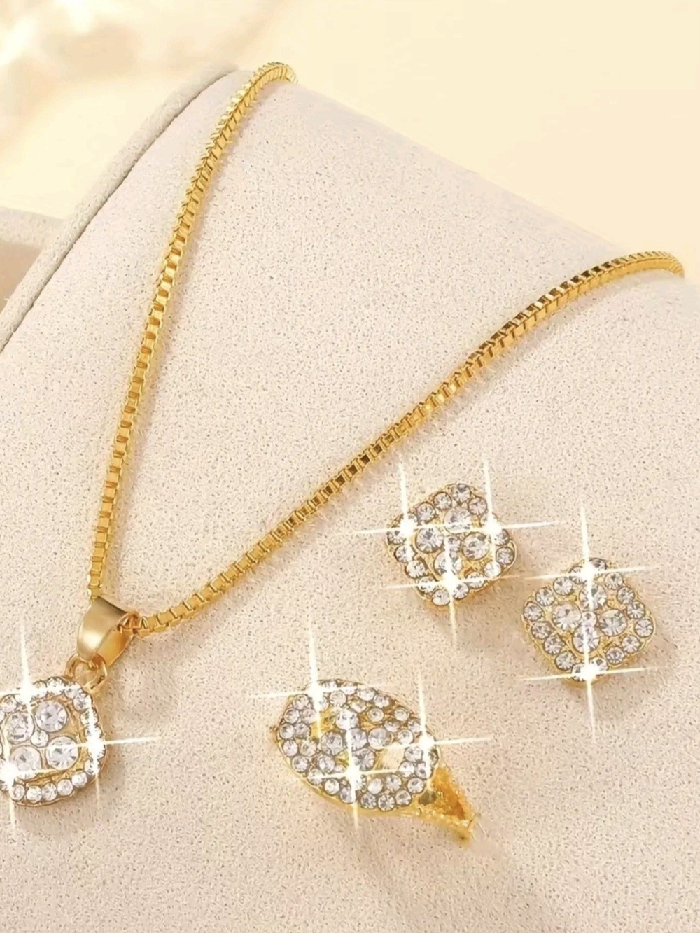 Gold Crystal Square Pendant Necklace and Stud Earrings Set 4pc.